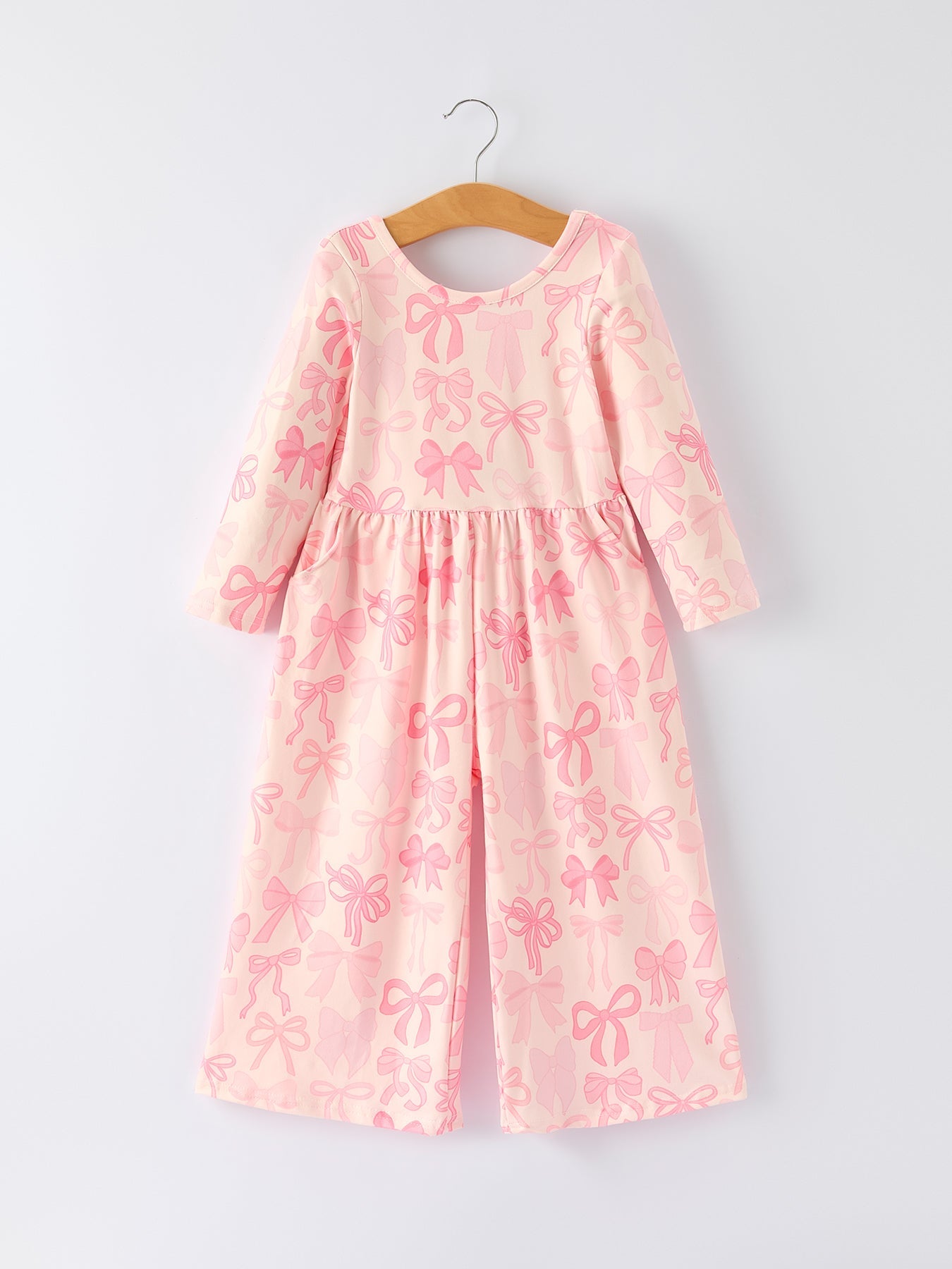 Girls Pink Bow Print Long Sleeve Jumpsuit - Bexa Boutique