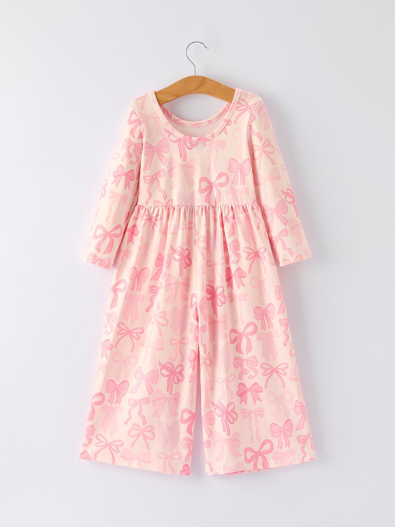 Girls Pink Bow Print Long Sleeve Jumpsuit - Bexa Boutique