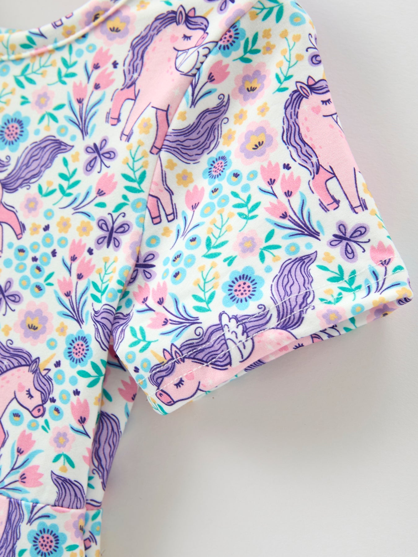 Unicorn Floral Print Girls Short Sleeve Twirl Dress