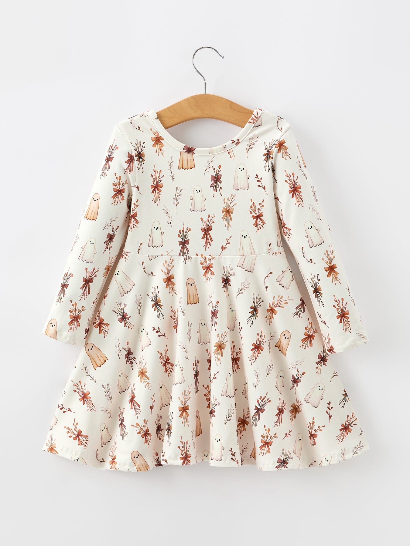 Halloween Ghost Floral Bow Girls Long Sleeve Twirl Dress