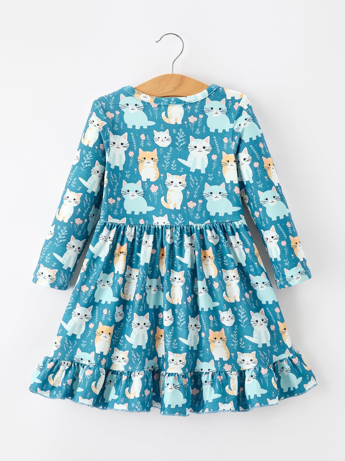 Fall Cat Print Girls Long Sleeve Ruffle Hem Dress