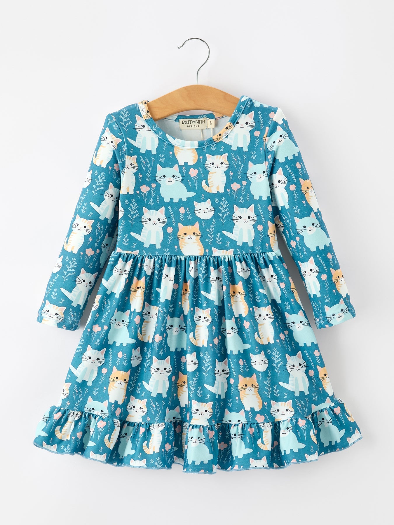 Fall Cat Print Girls Long Sleeve Ruffle Hem Dress