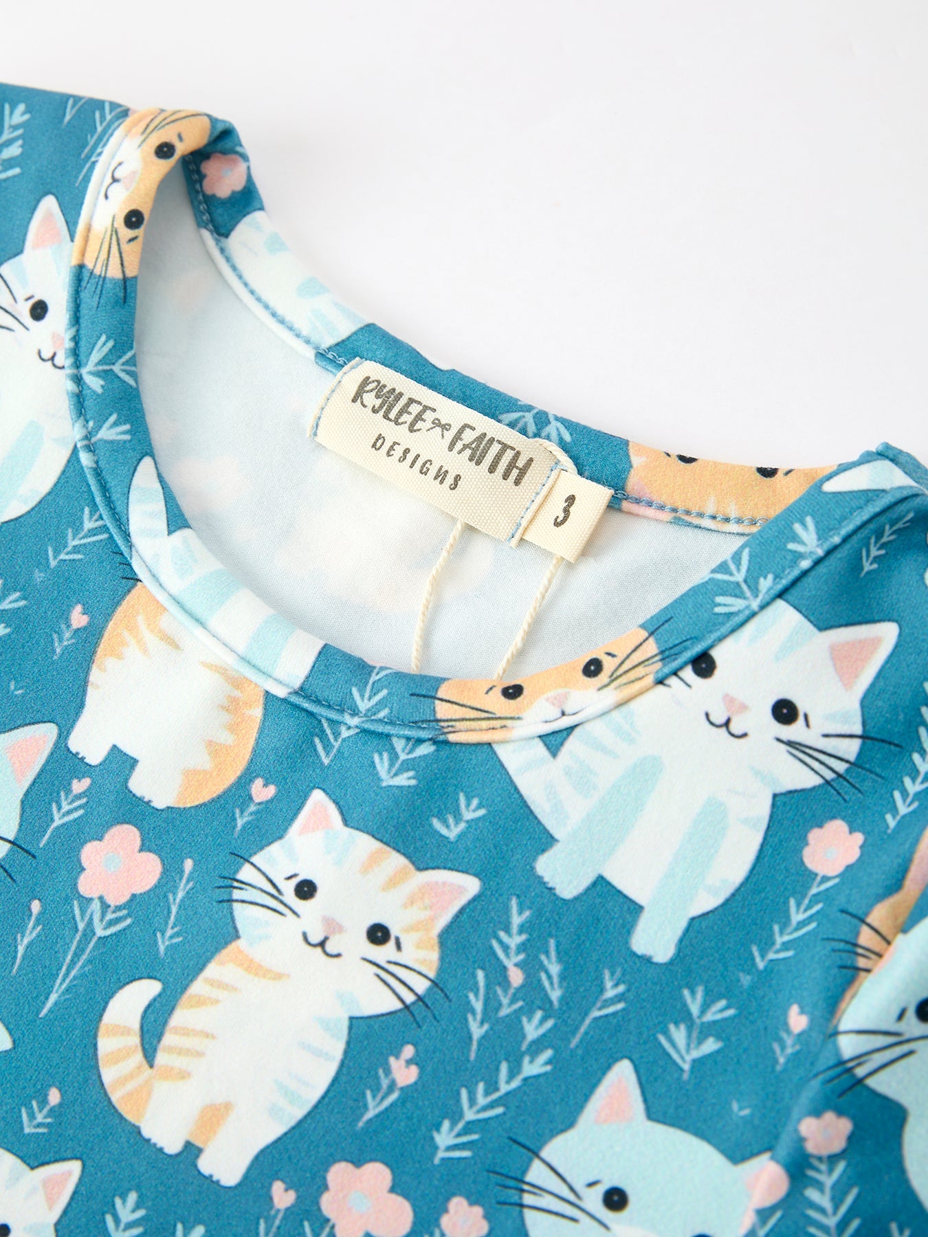 Fall Cat Print Girls Long Sleeve Ruffle Hem Dress