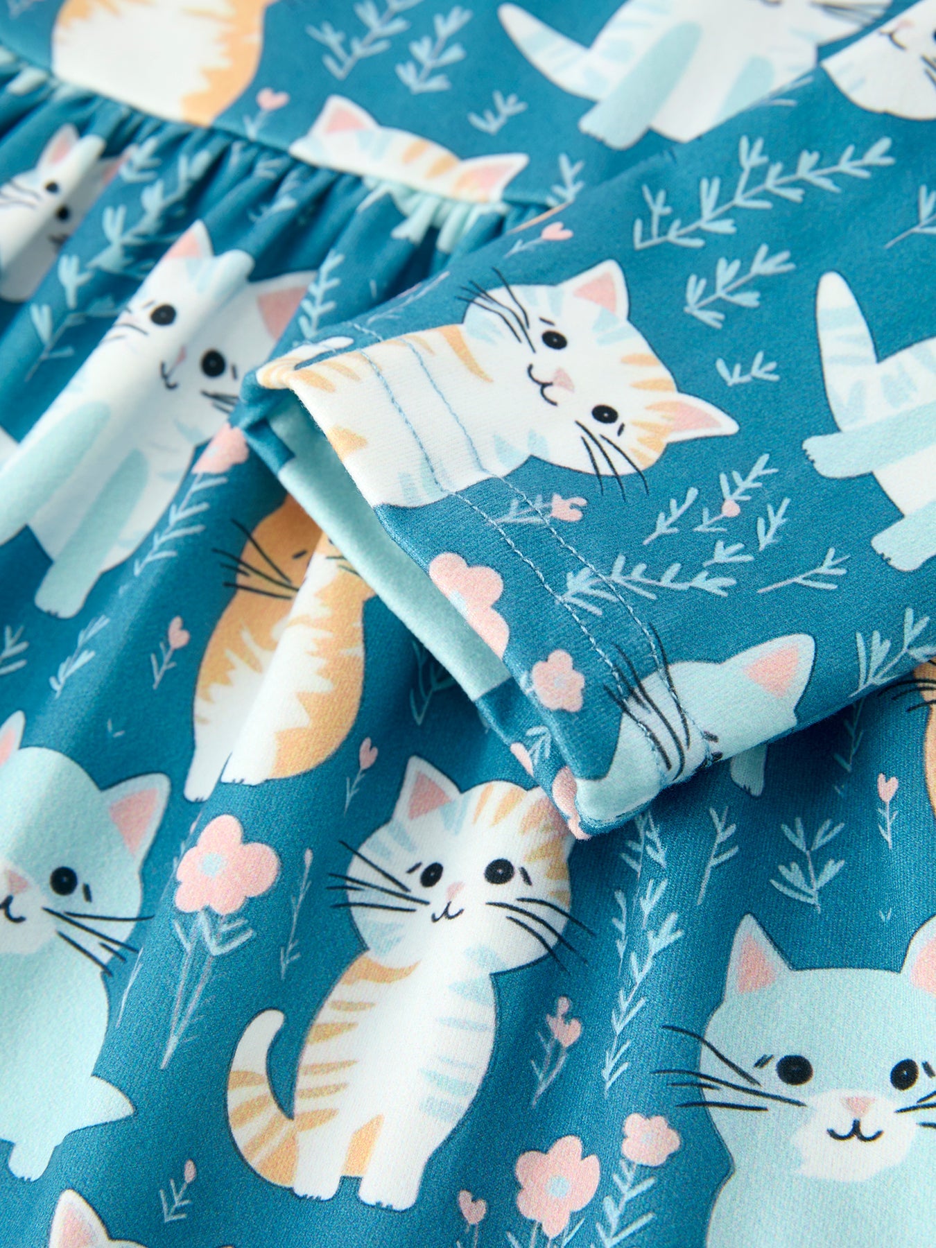 Fall Cat Print Girls Long Sleeve Ruffle Hem Dress