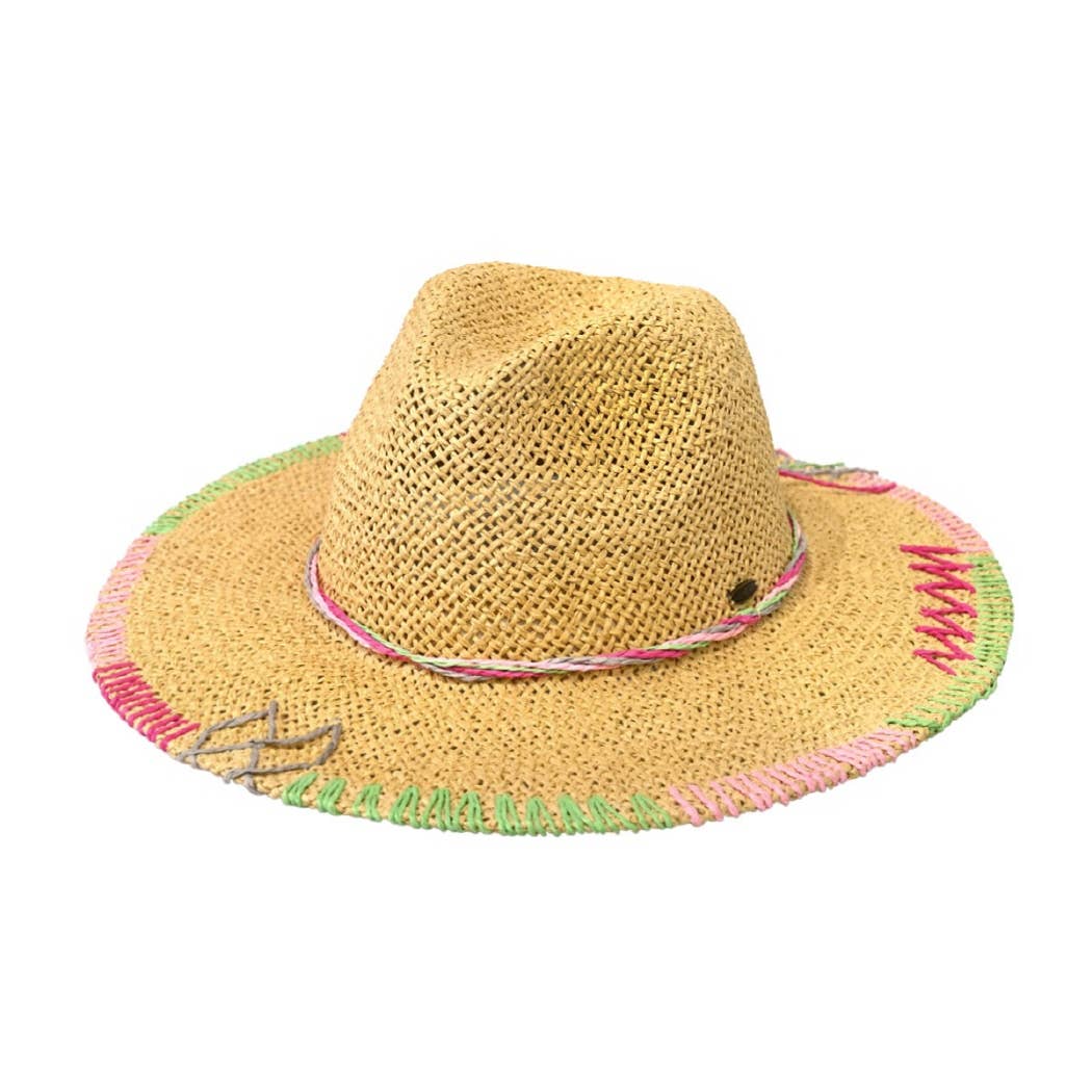 Multi-Colored Stitched Brim Panama Hat