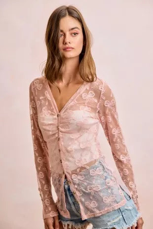 BiBi Bow Pattern Shrried V-neck Mesh Cardigan Top - DUSTY ROSE - Bexa Boutique