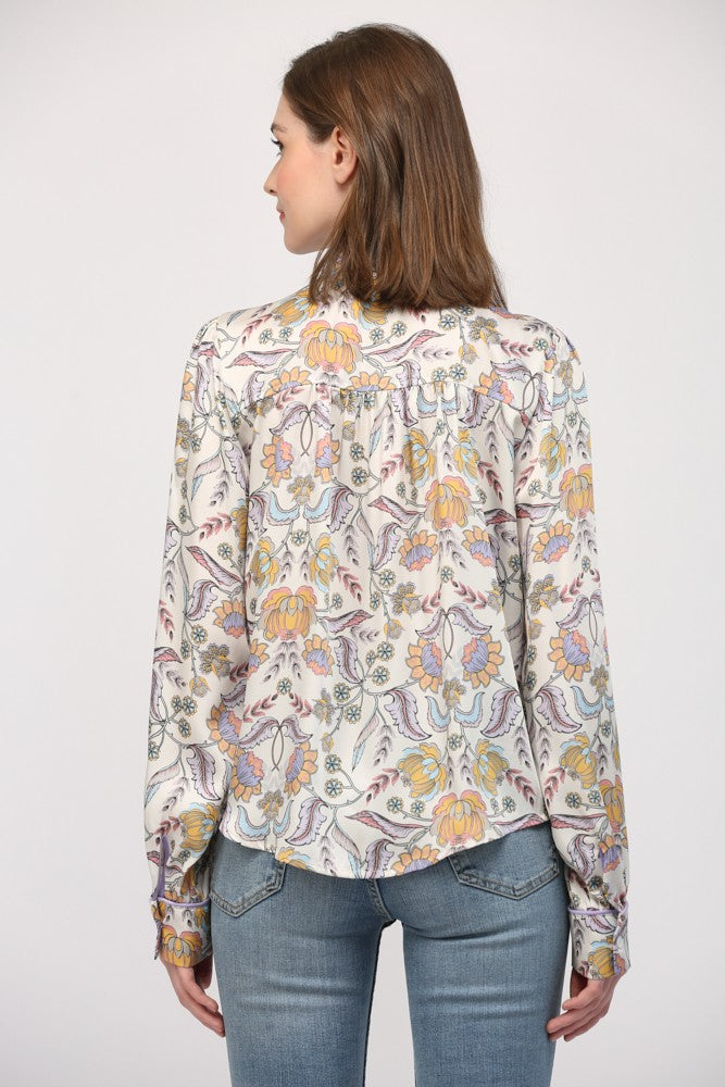 Floral Button Down Blouse with Piping Accent