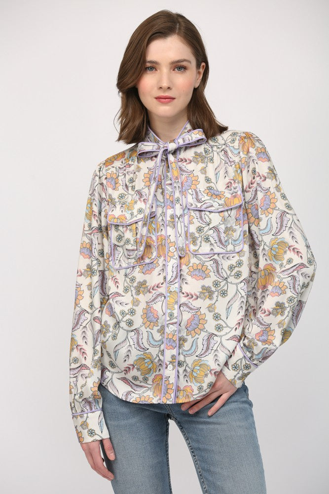 Floral Button Down Blouse with Piping Accent