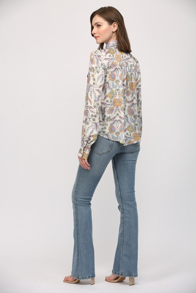 Floral Button Down Blouse with Piping Accent