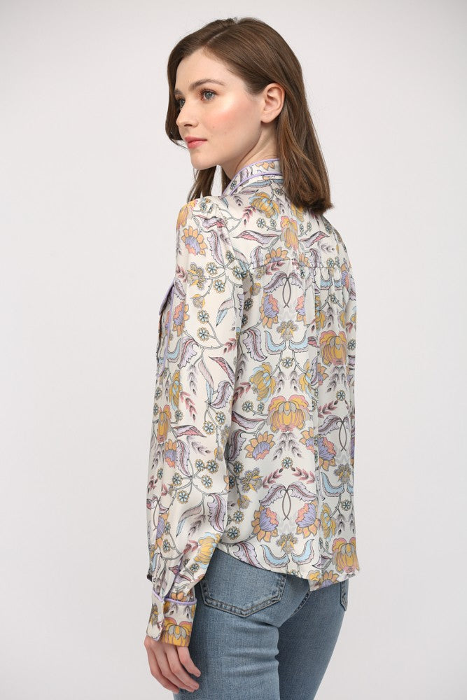 Floral Button Down Blouse with Piping Accent