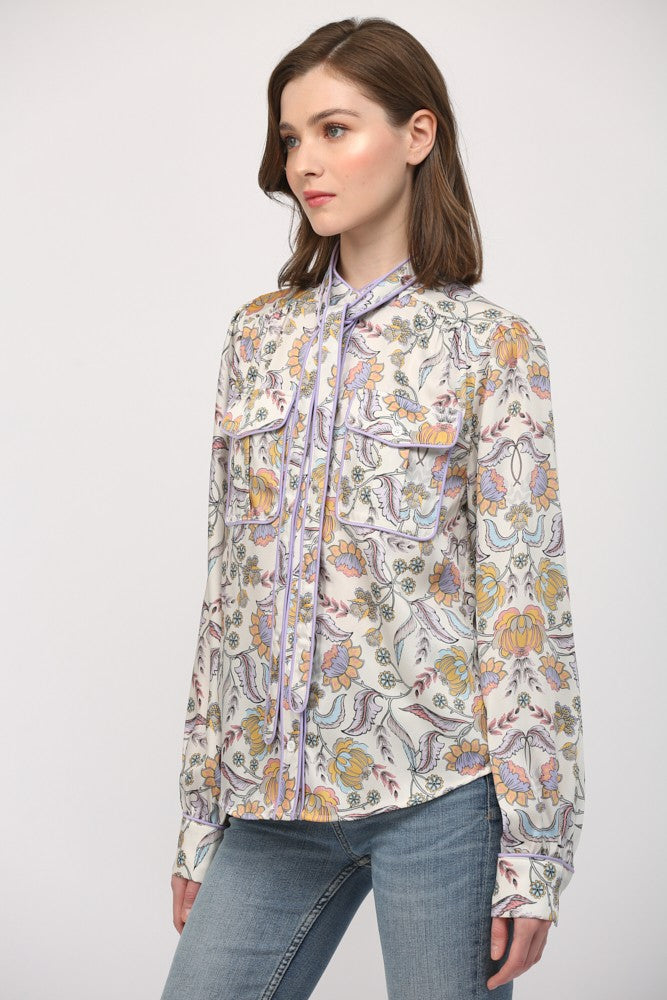 Floral Button Down Blouse with Piping Accent