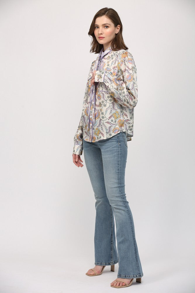 Floral Button Down Blouse with Piping Accent