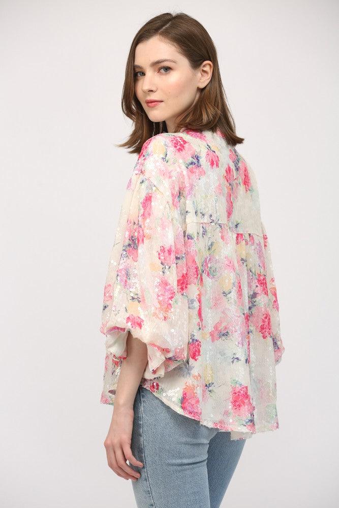 Floral Sequin Bubble Sleeve Blouse