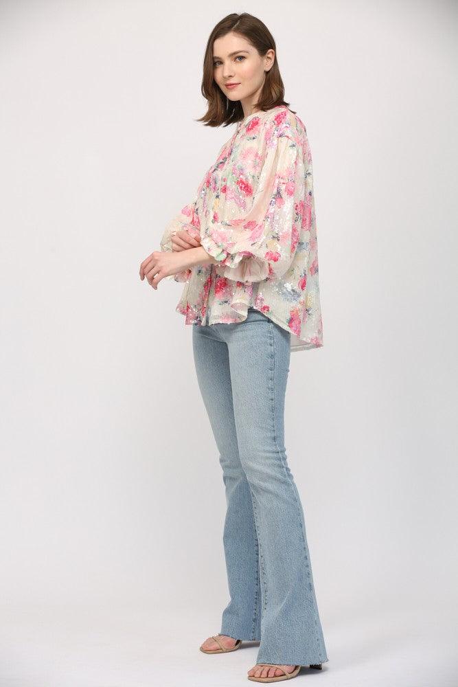 Floral Sequin Bubble Sleeve Blouse