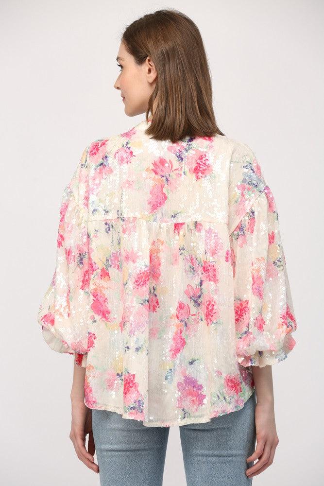 Floral Sequin Bubble Sleeve Blouse