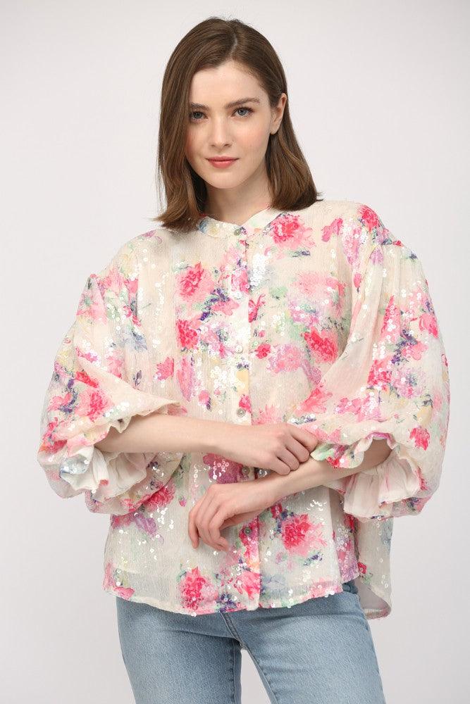 Floral Sequin Bubble Sleeve Blouse