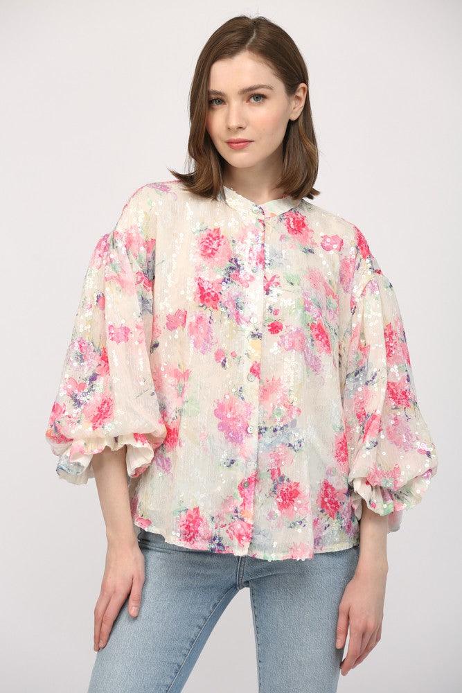 Floral Sequin Bubble Sleeve Blouse