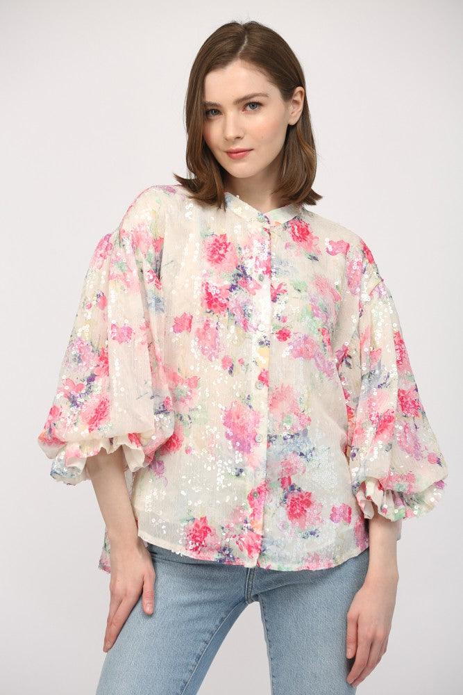 Floral Sequin Bubble Sleeve Blouse