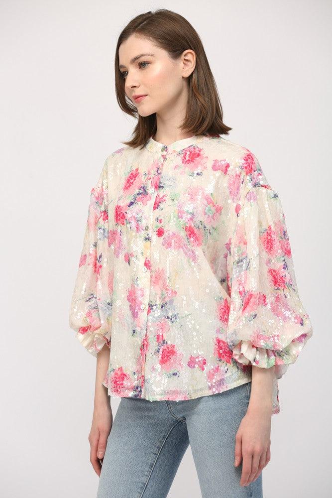 Floral Sequin Bubble Sleeve Blouse