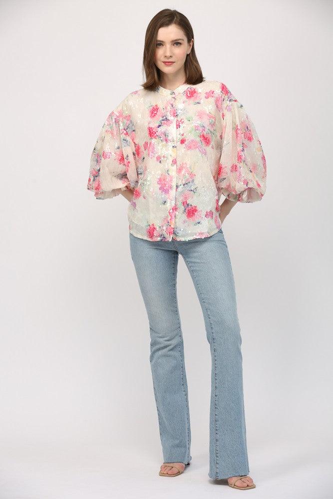 Floral Sequin Bubble Sleeve Blouse