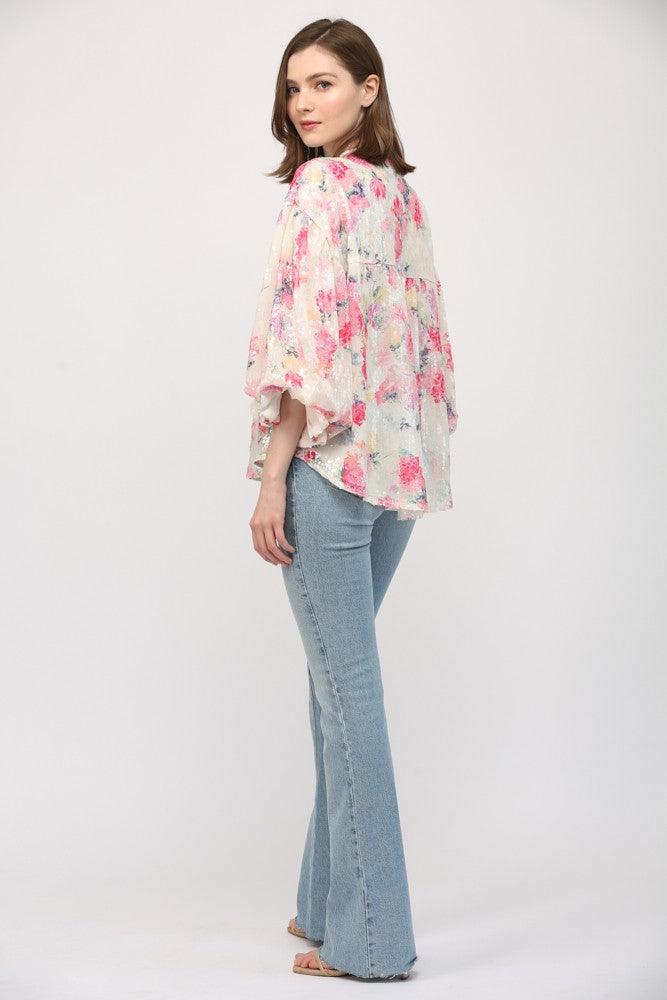 Floral Sequin Bubble Sleeve Blouse