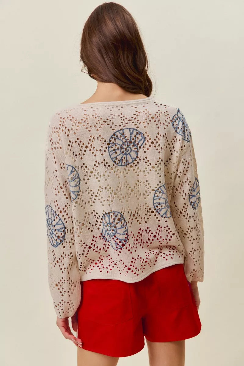 SO ME Seashell Lightweight Sweater Top - Cream/Blue - Bexa Boutique