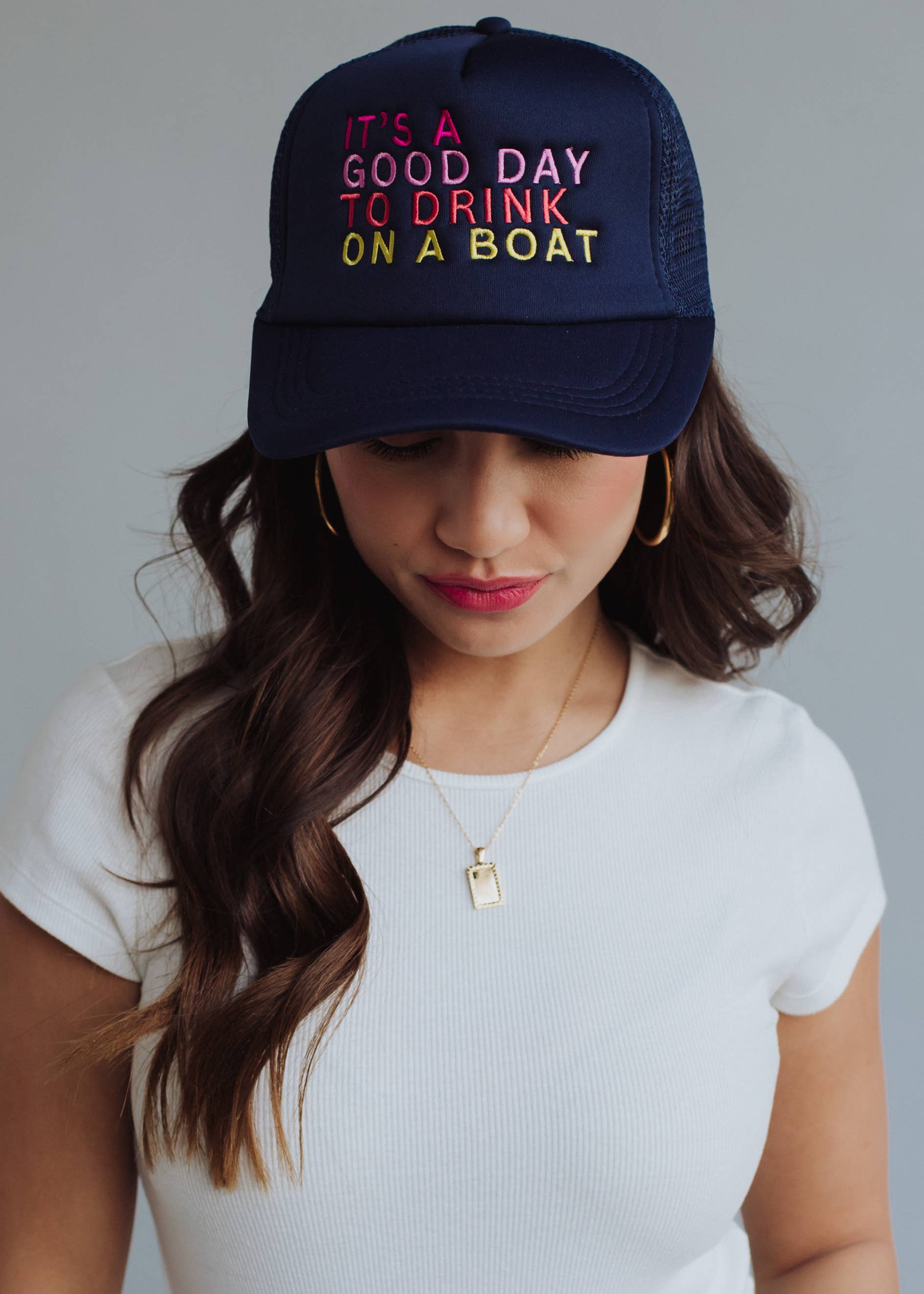 Navy Drink On A Boat Trucker Hat