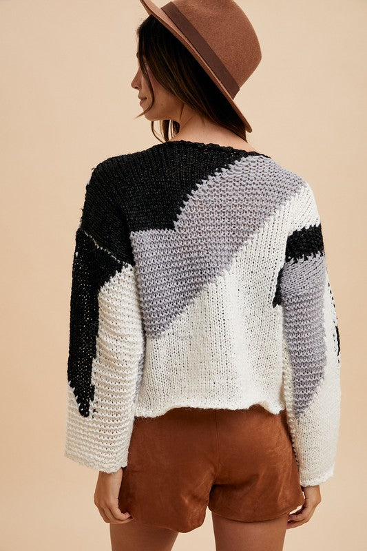 Color Block Drop Shoulder Sweater - Black