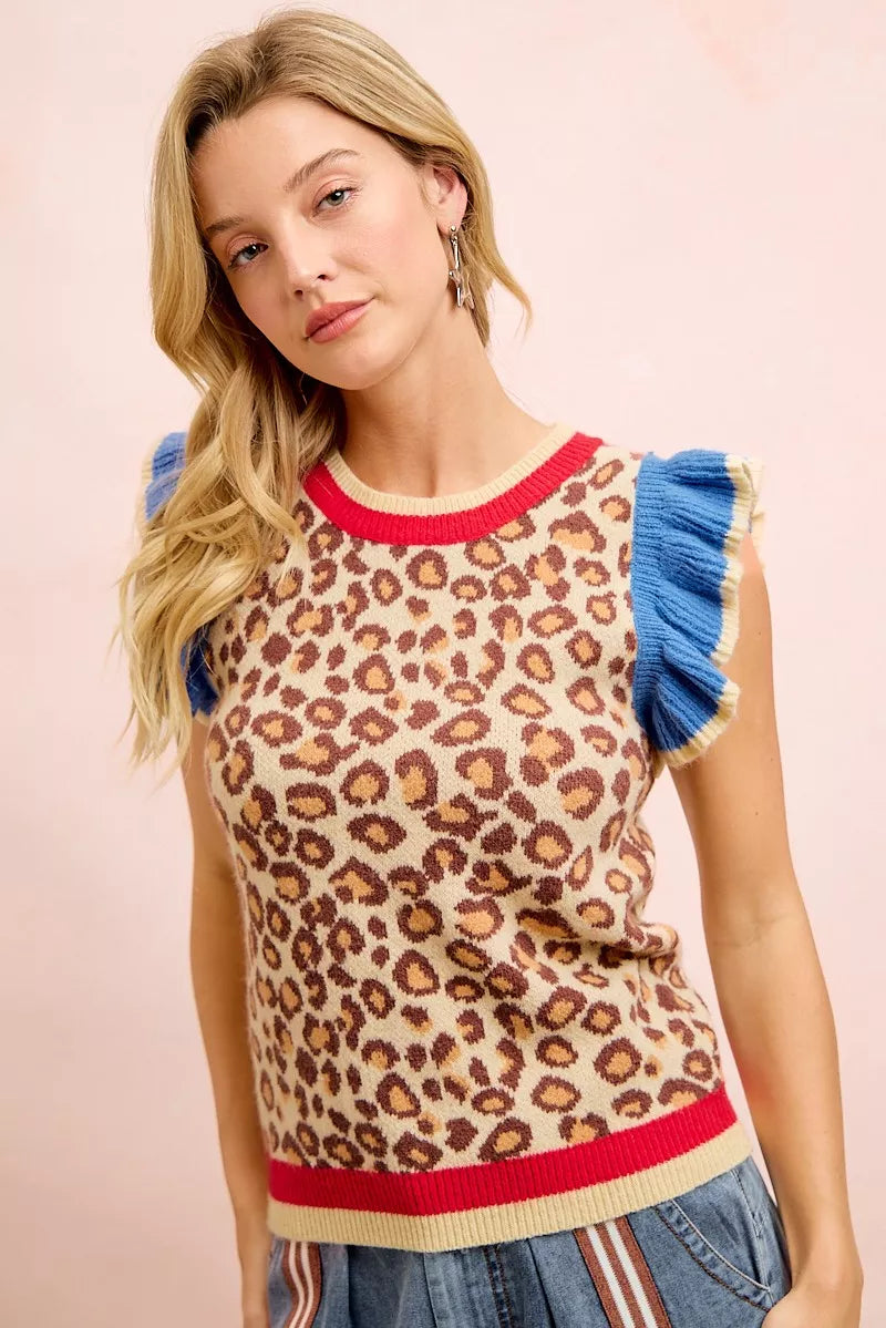 BiBi 4th Of July Leopard Ruffled Detail Knit Top - LEOPARD/RED/BLUE - Bexa Boutique