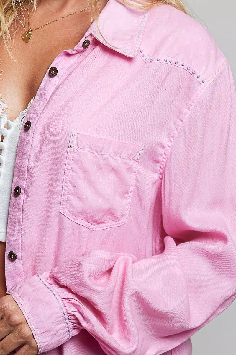 POL Washed Textured Cotton Western Button Front Shirt - CANDY PINK - Bexa Boutique