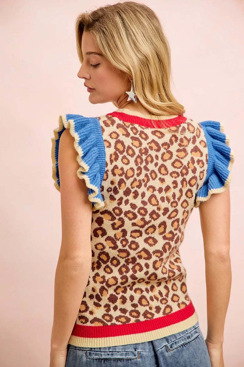 BiBi 4th Of July Leopard Ruffled Detail Knit Top - LEOPARD/RED/BLUE - Bexa Boutique