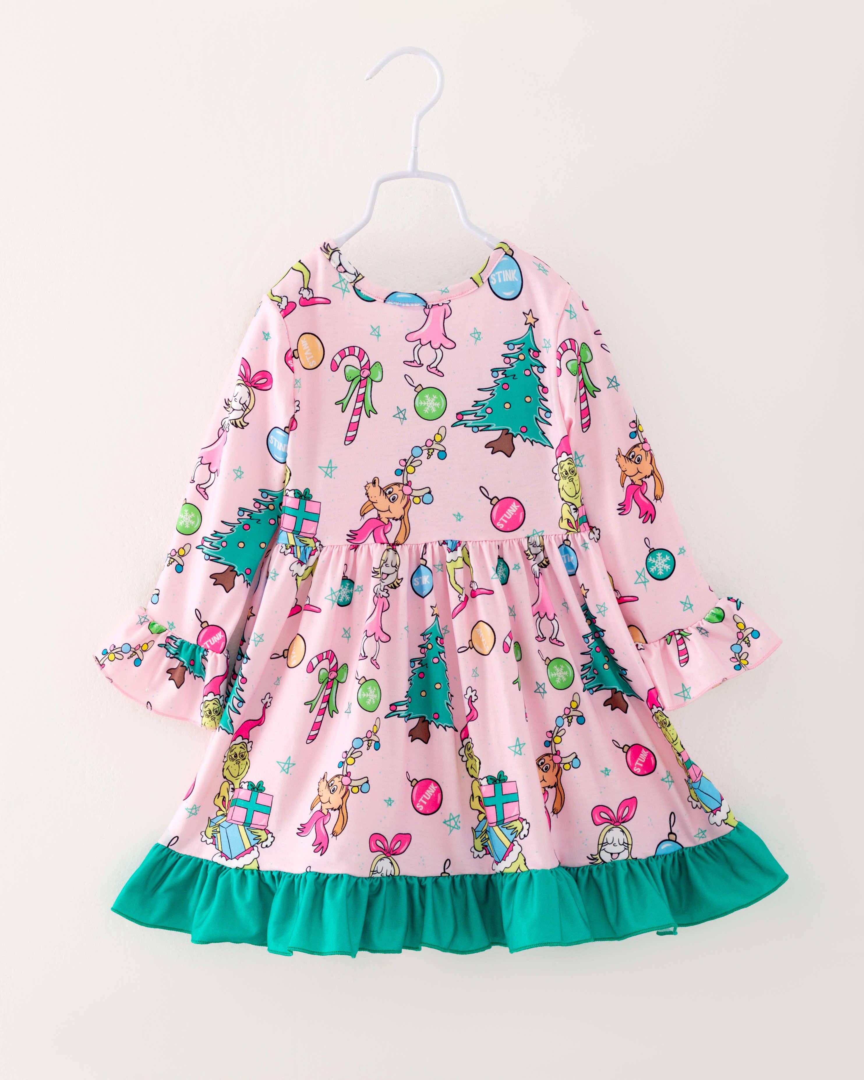 Christmas Pink Grinch Ruffle Girl Dress Kids Clothes