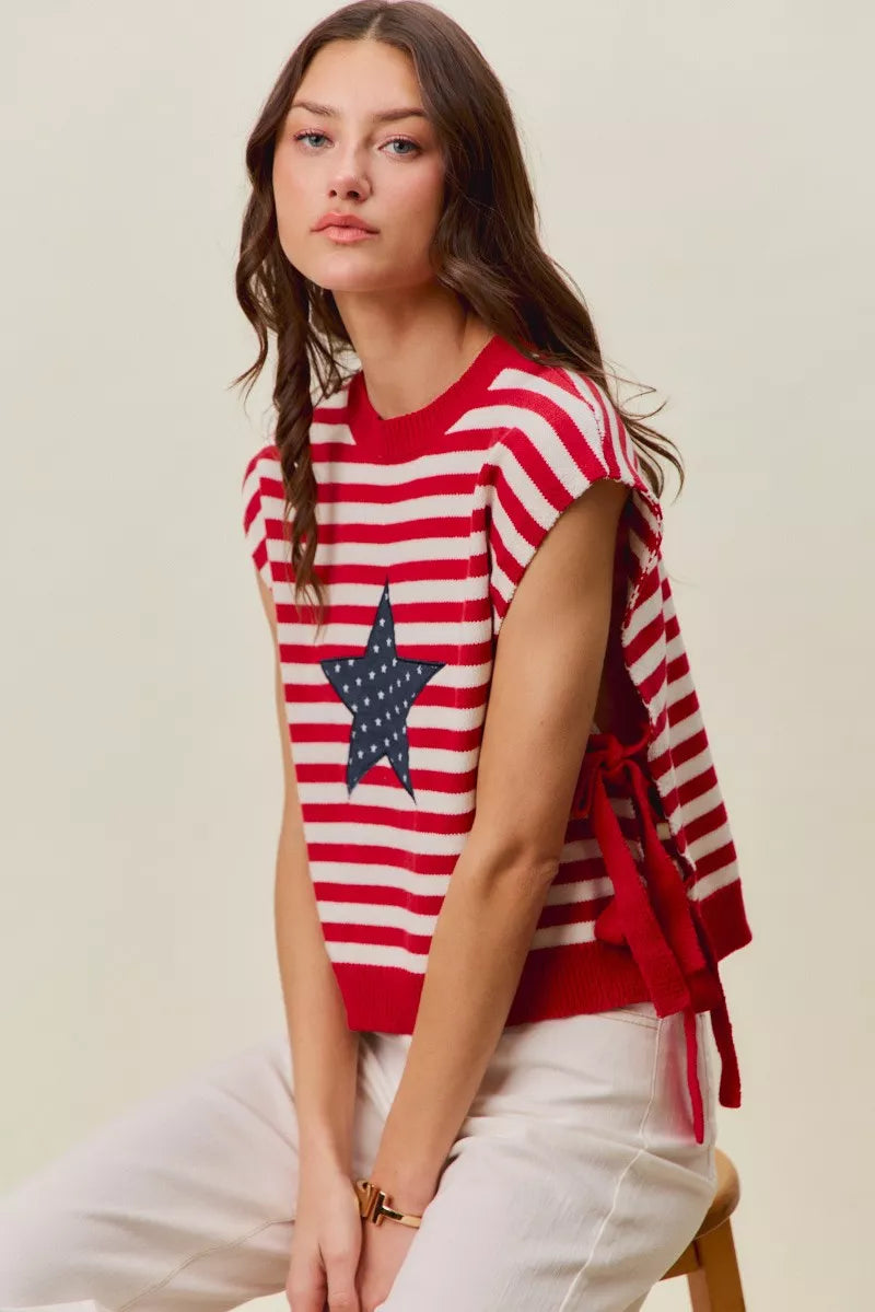 SO ME Stripe Star Patch 4th Of July Side Tie Vest Top - RED/IVORY - Bexa Boutique