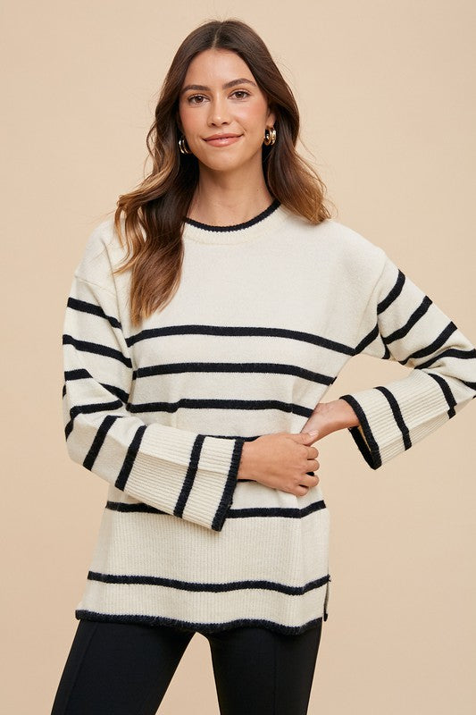 Ivory Striped Round Neck Sweater