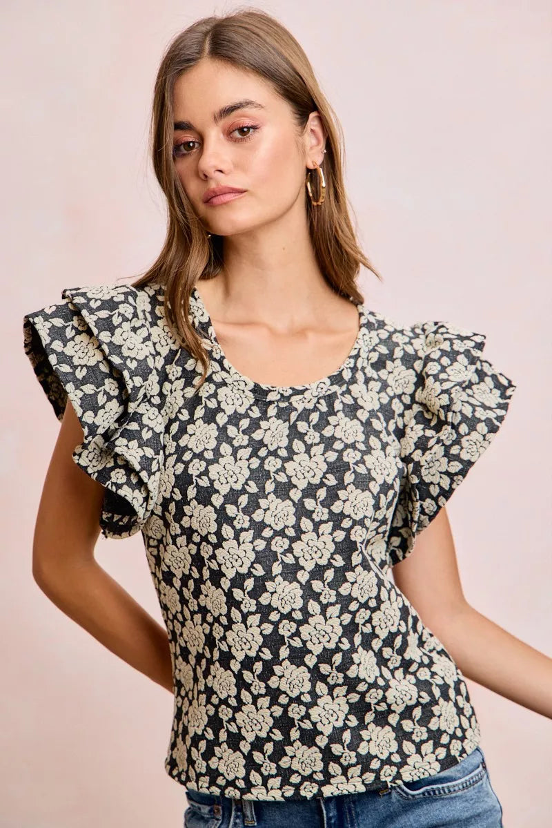 BiBi Floral Jacquard Ruffle Sleeves Knit Top - BLACK/LT GREY - Bexa Boutique