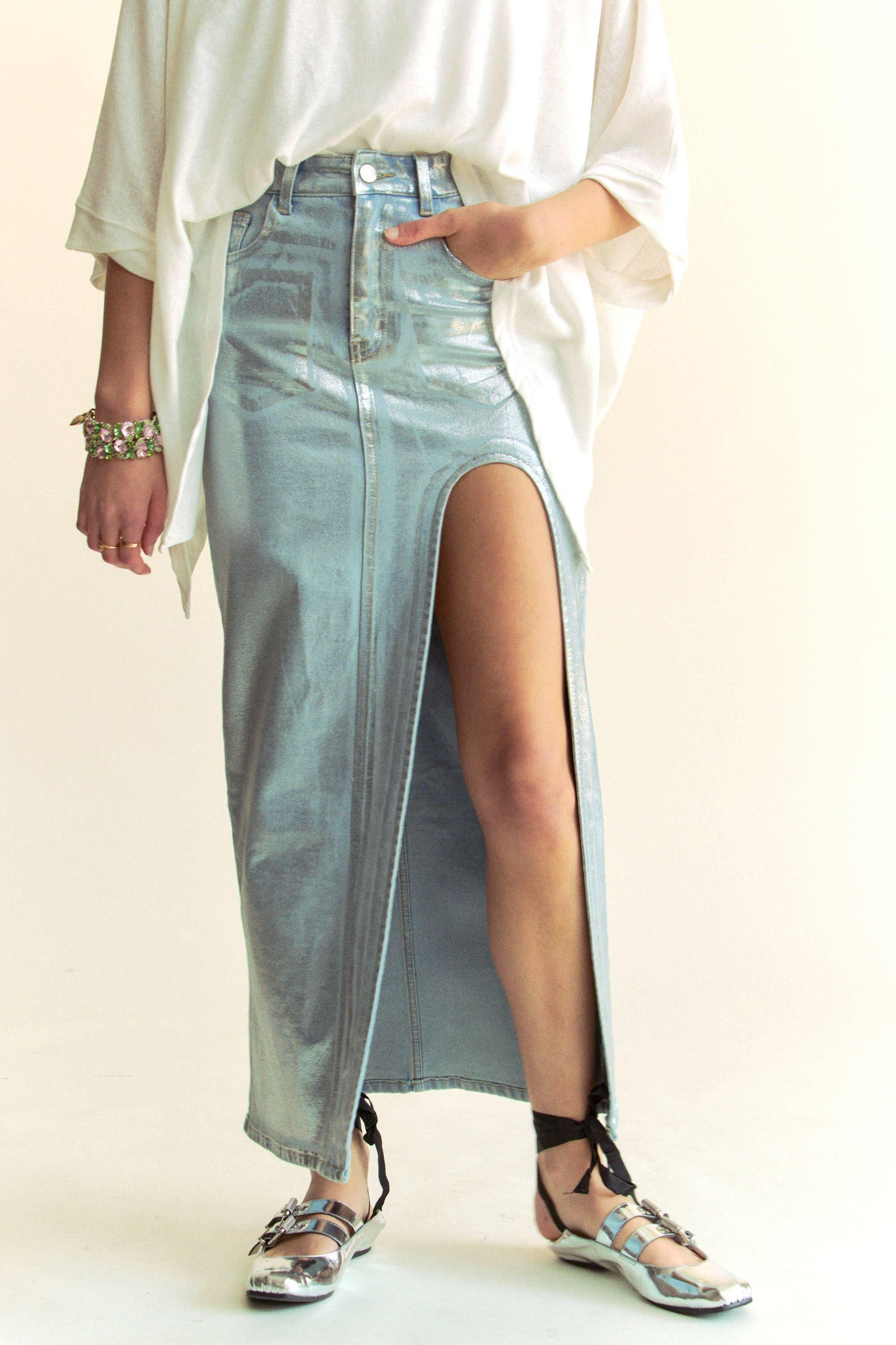 Silver Foiled Maxi Jean Skirt