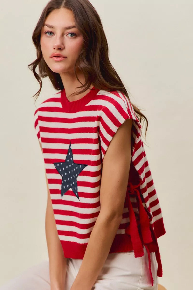 SO ME Stripe Star Patch 4th Of July Side Tie Vest Top - RED/IVORY - Bexa Boutique