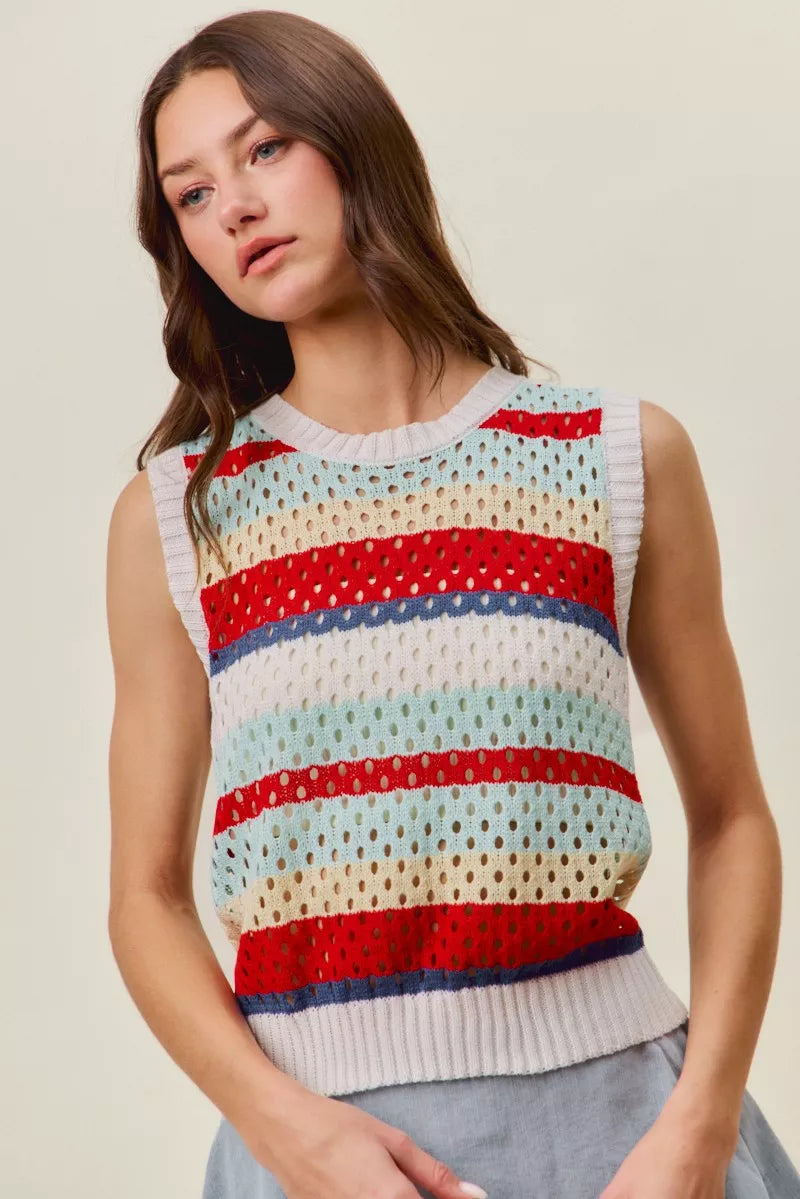 SO ME Tie Back Multi Stripe Sweater Knit Tank Top - RED MULTI - Bexa Boutique