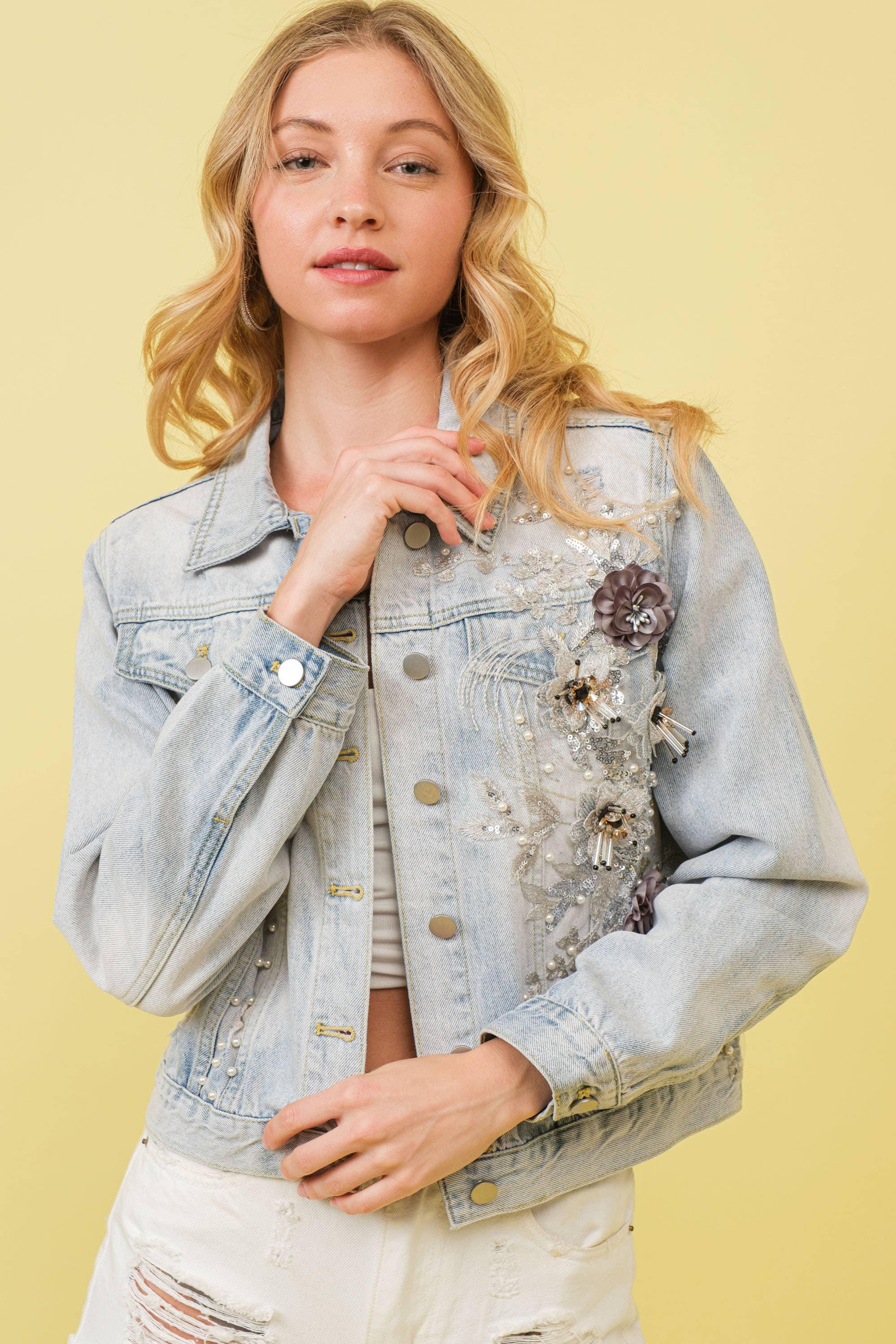 Flower Embellished Denim Jacket