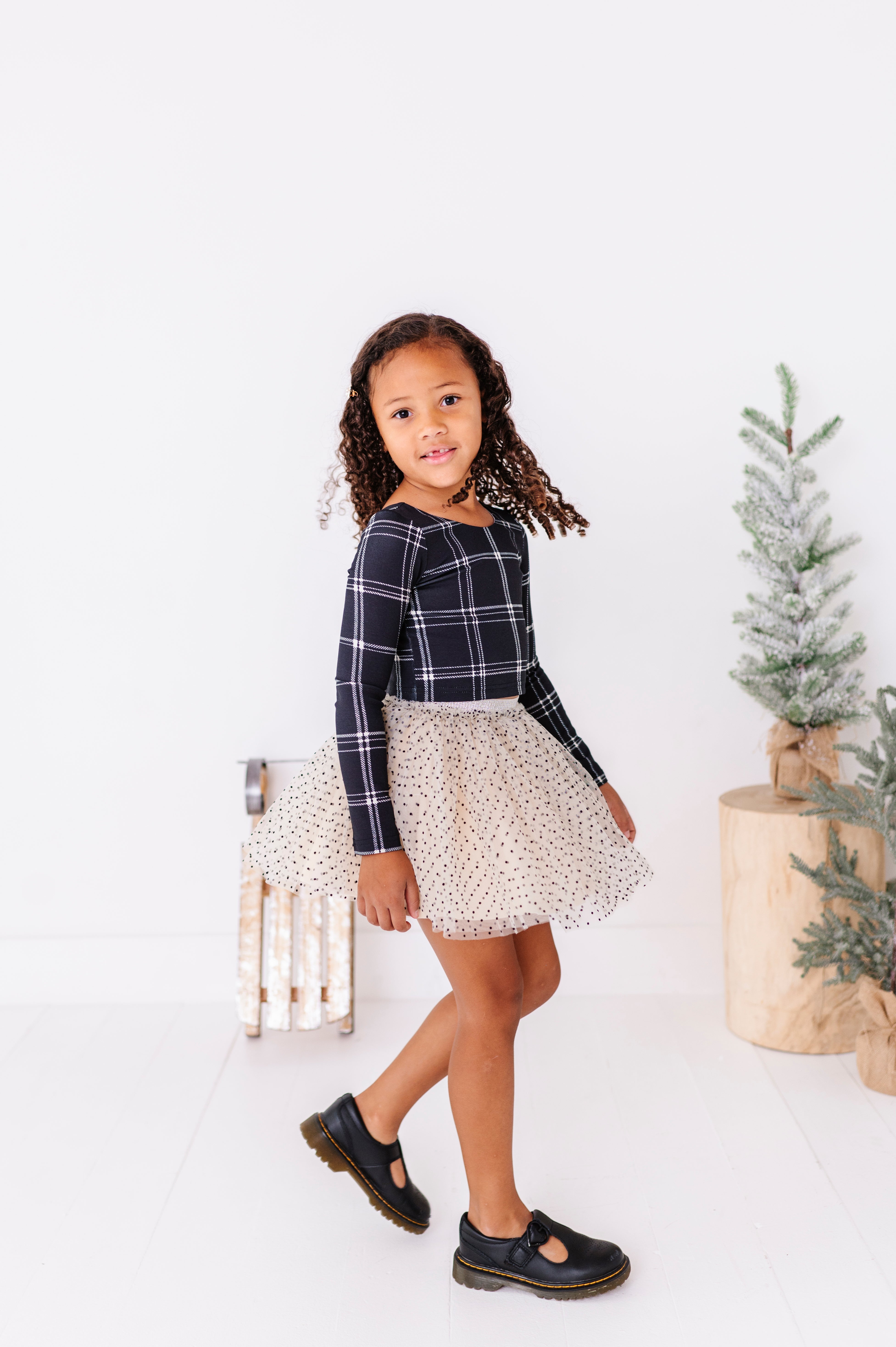 Black Plaid Top | CROPPED Bow Back Long Sleeve Top