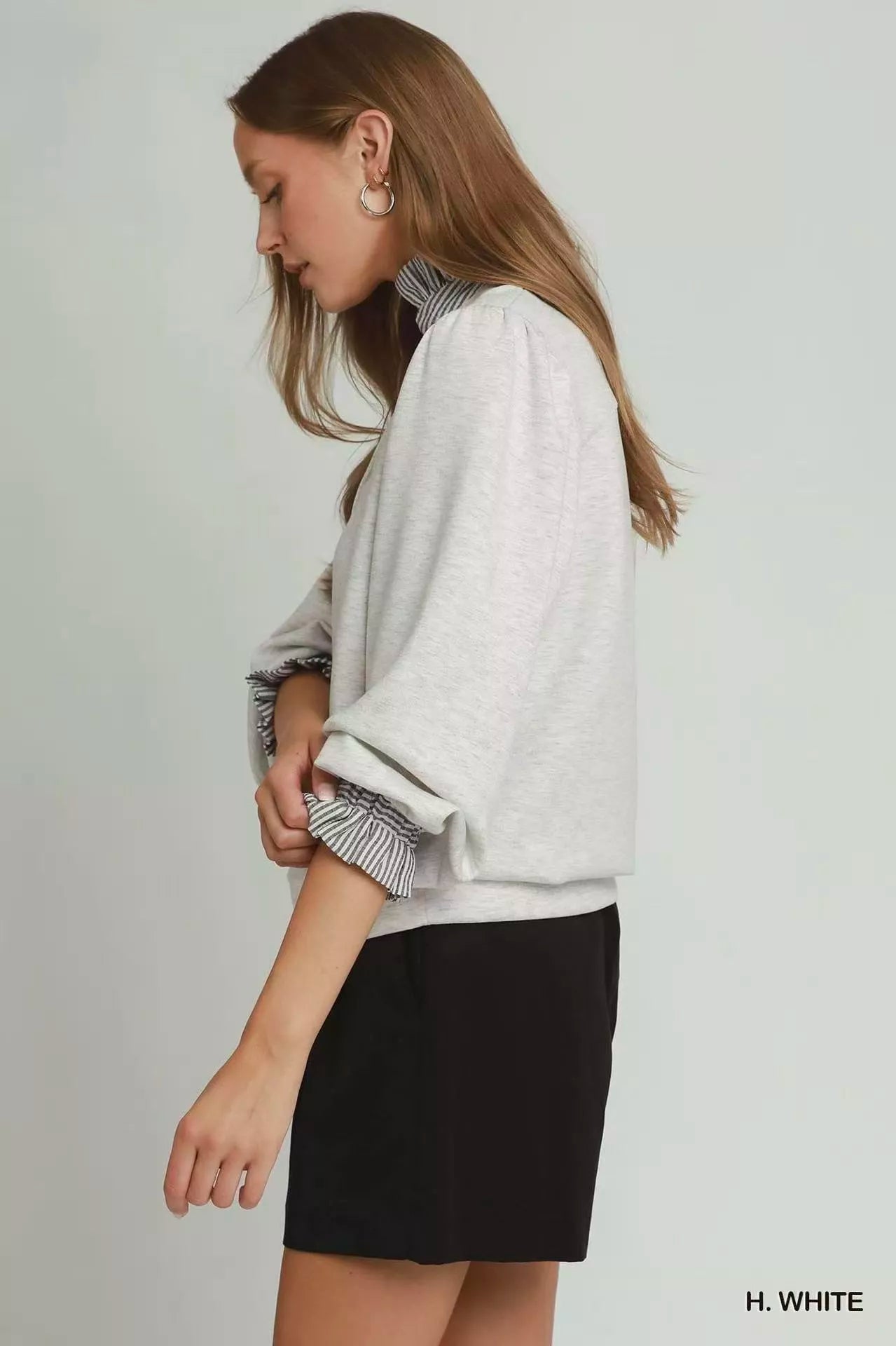 Umgee Stripe Ruffle Neck Long Sleeve Top - H. WHITE - Bexa Boutique