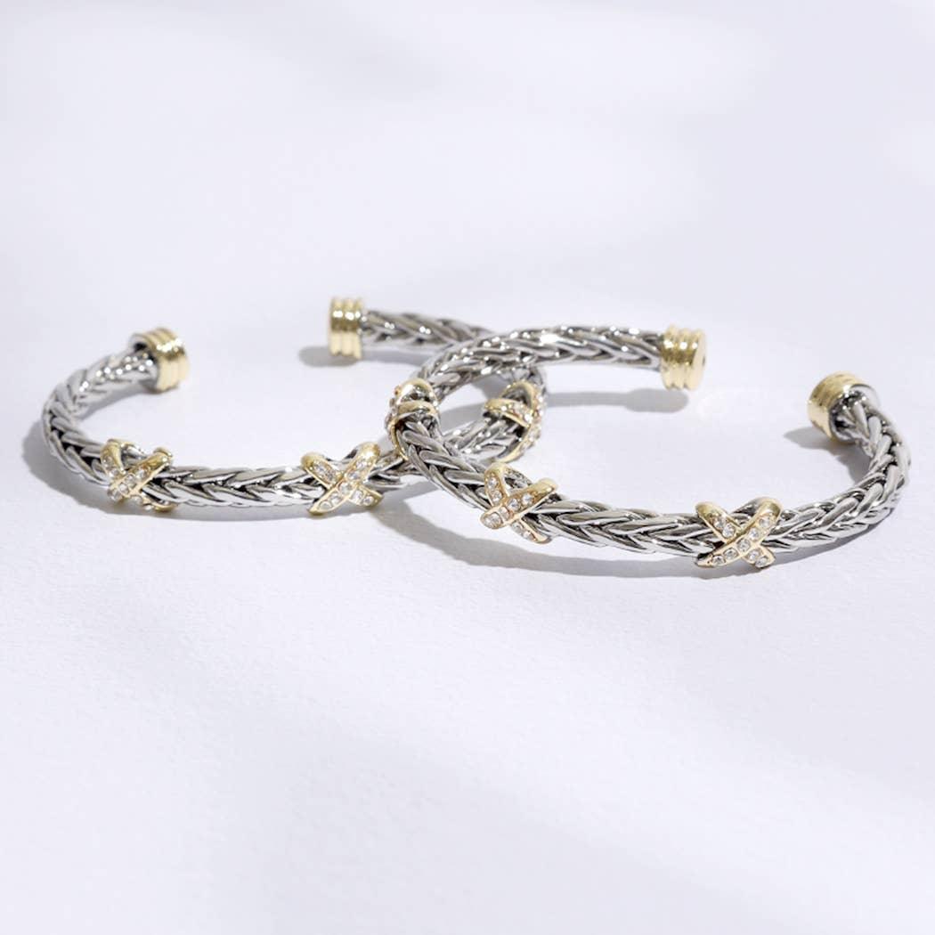 Three CZ X Stations Braided Bangle Bracelet