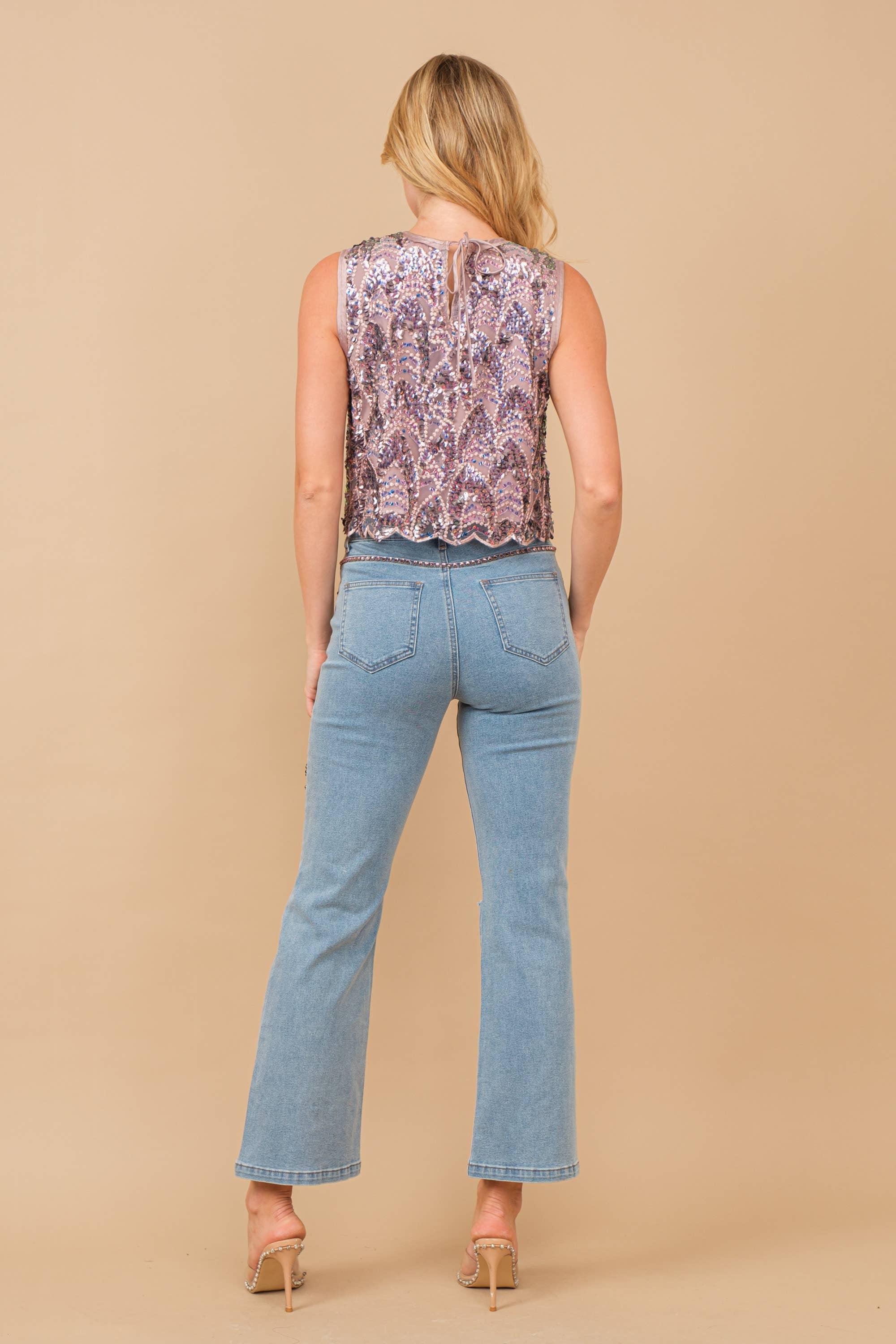 High Waisted LOVE Colored Rhinestone Embellishment Jeans