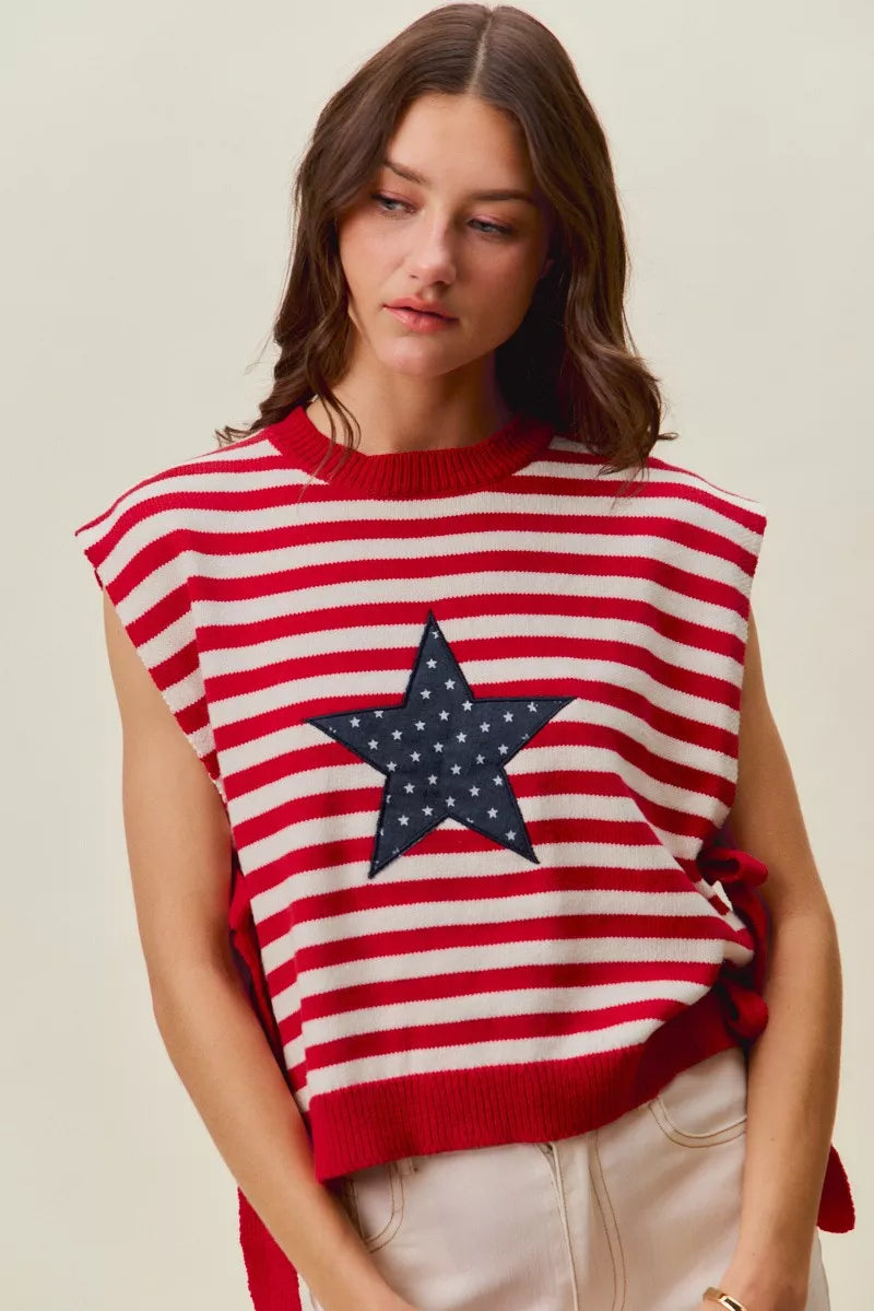SO ME Stripe Star Patch 4th Of July Side Tie Vest Top - RED/IVORY - Bexa Boutique