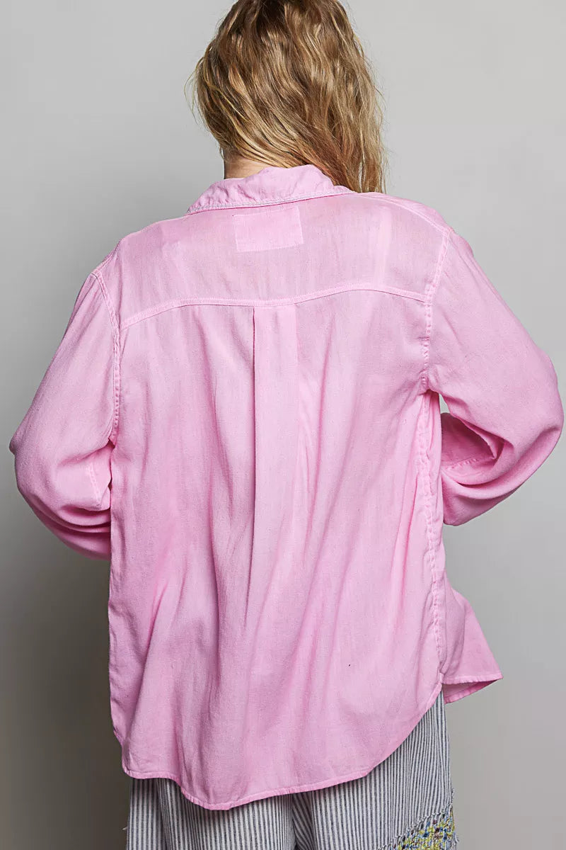 POL Washed Textured Cotton Western Button Front Shirt - CANDY PINK - Bexa Boutique