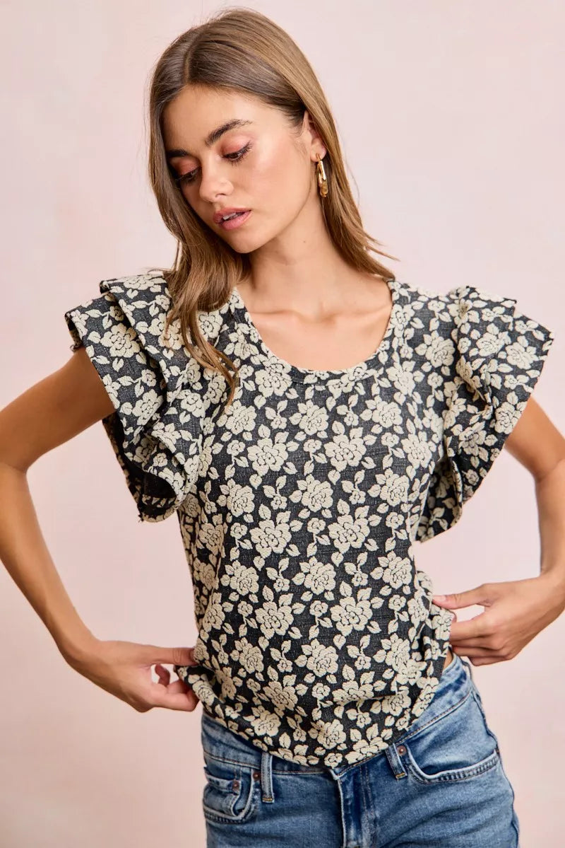BiBi Floral Jacquard Ruffle Sleeves Knit Top - BLACK/LT GREY - Bexa Boutique