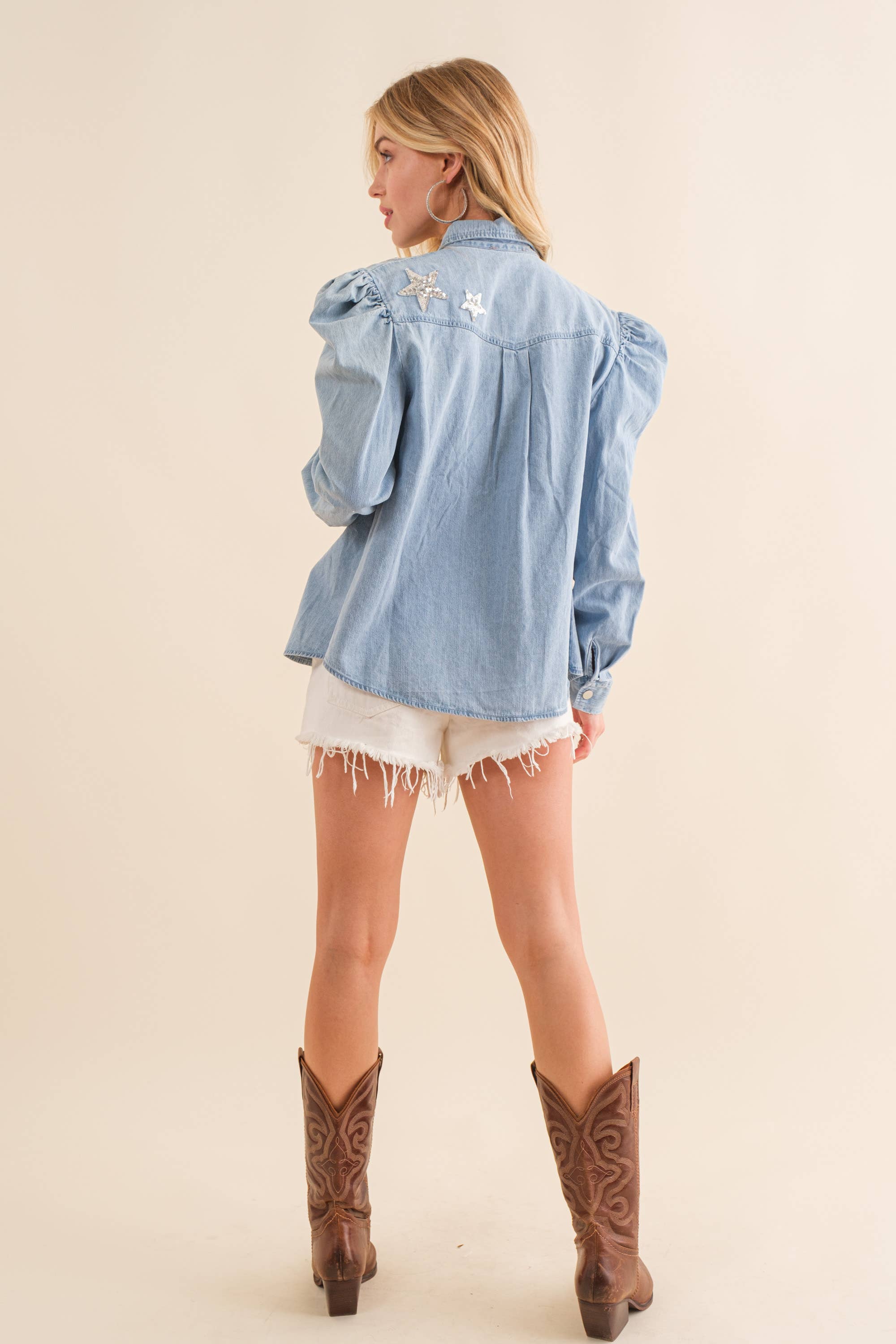 Sequin HOWDY Chambray Button Up with Puff Sleeves Shirt
