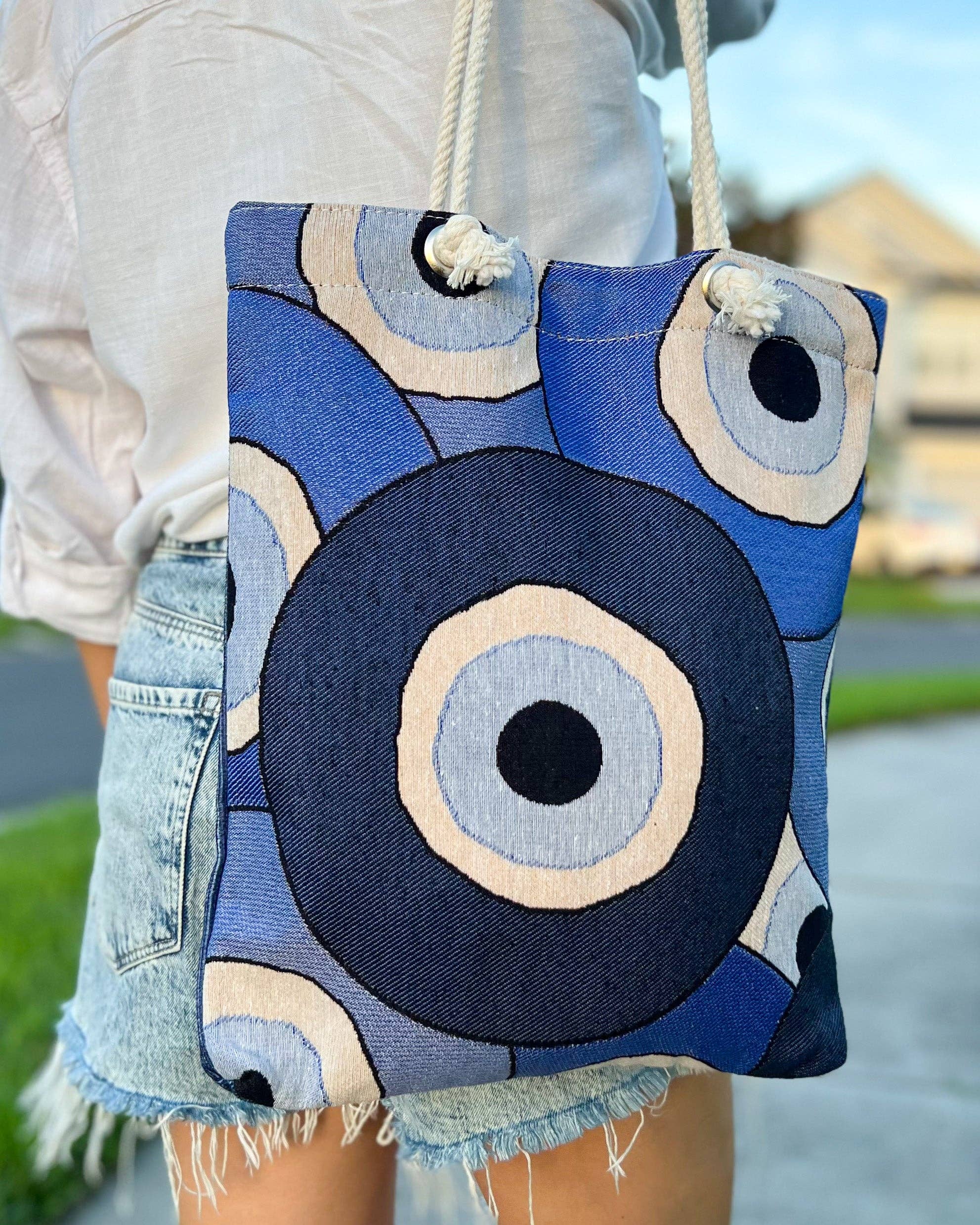 Woven Fabric Shoulder Bag, Evil Eye Tote Bag