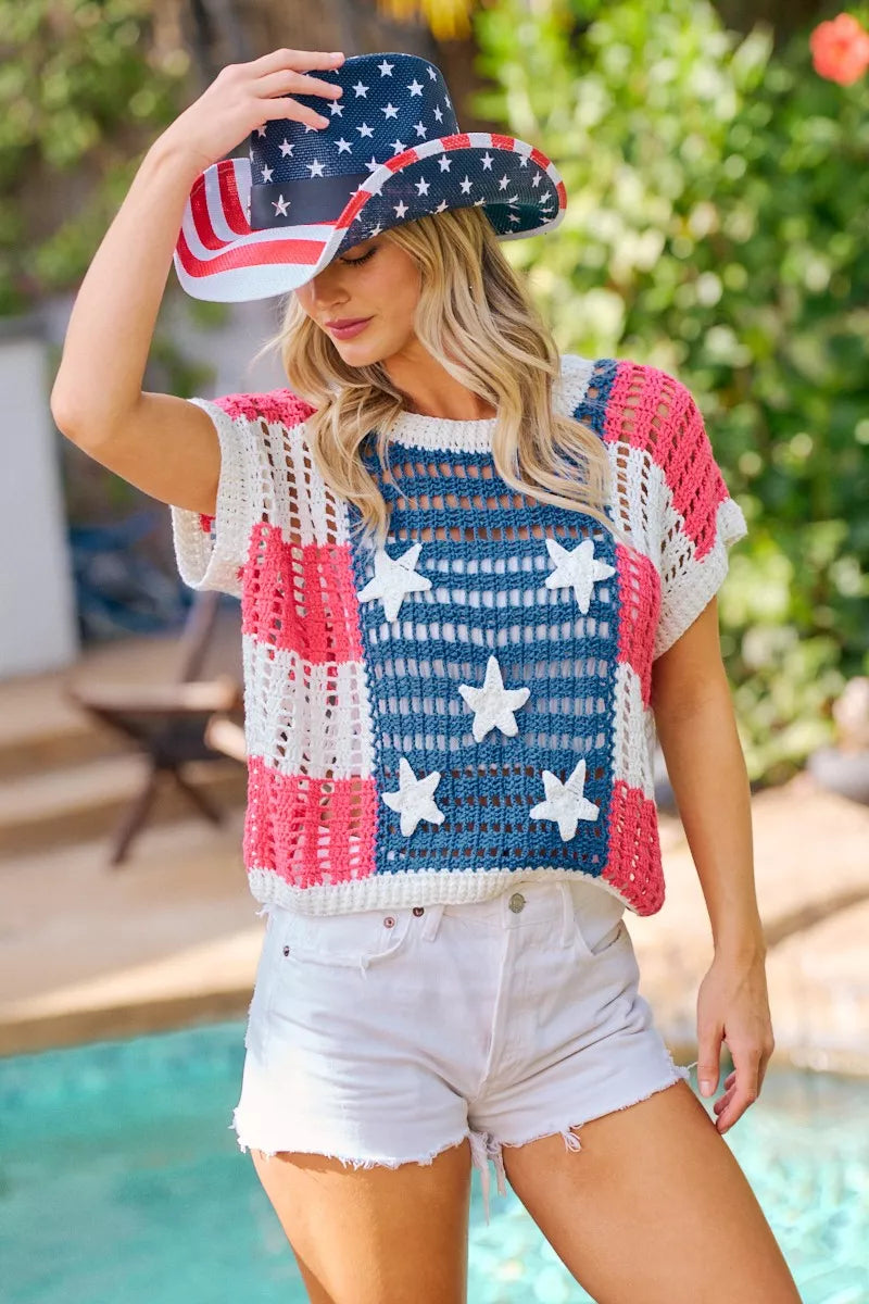 BiBi Crochet Star Patches 4th Of July Sweater Cover Up - AMERICAN FLAG - Bexa Boutique