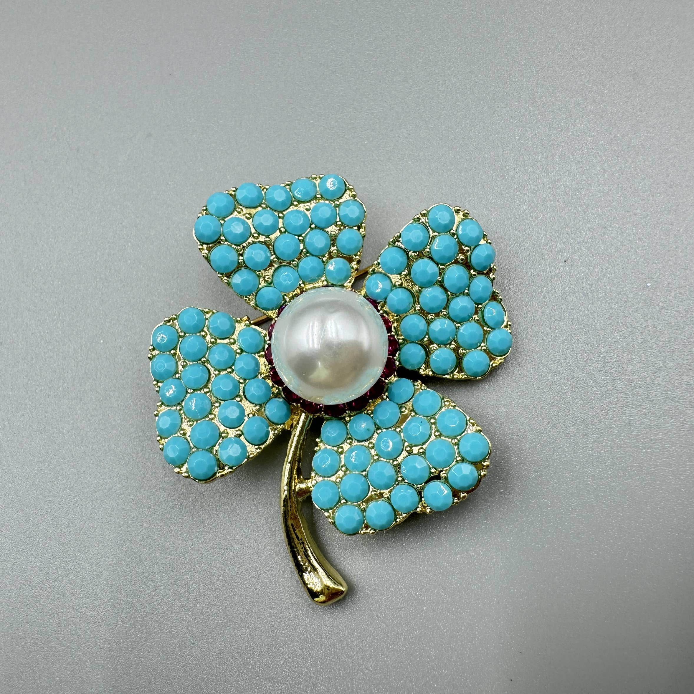 Blue Turquoise Clover Brooch Pin